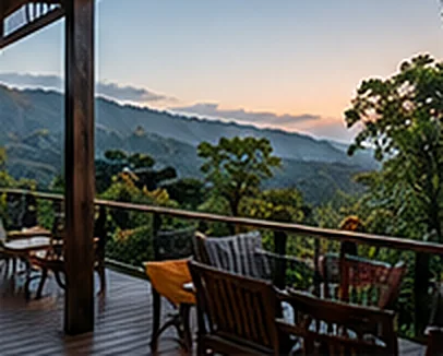 Balcón con vista a las montañas al atardecer