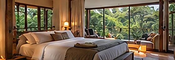 Suite del Bosque con cama king y ventanales al bosque